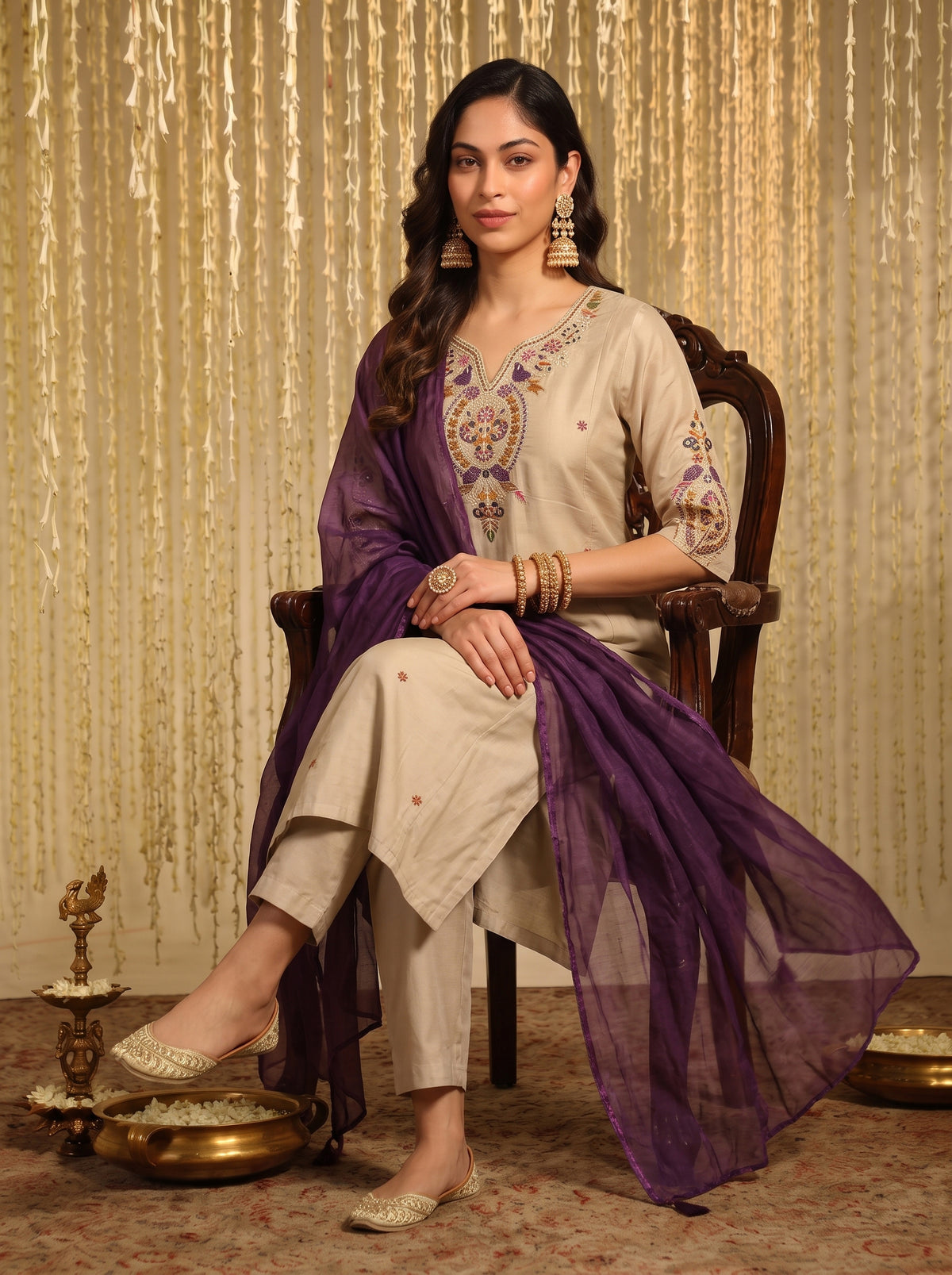 Kiyara Beige Embroidered Chanderi Suit Set