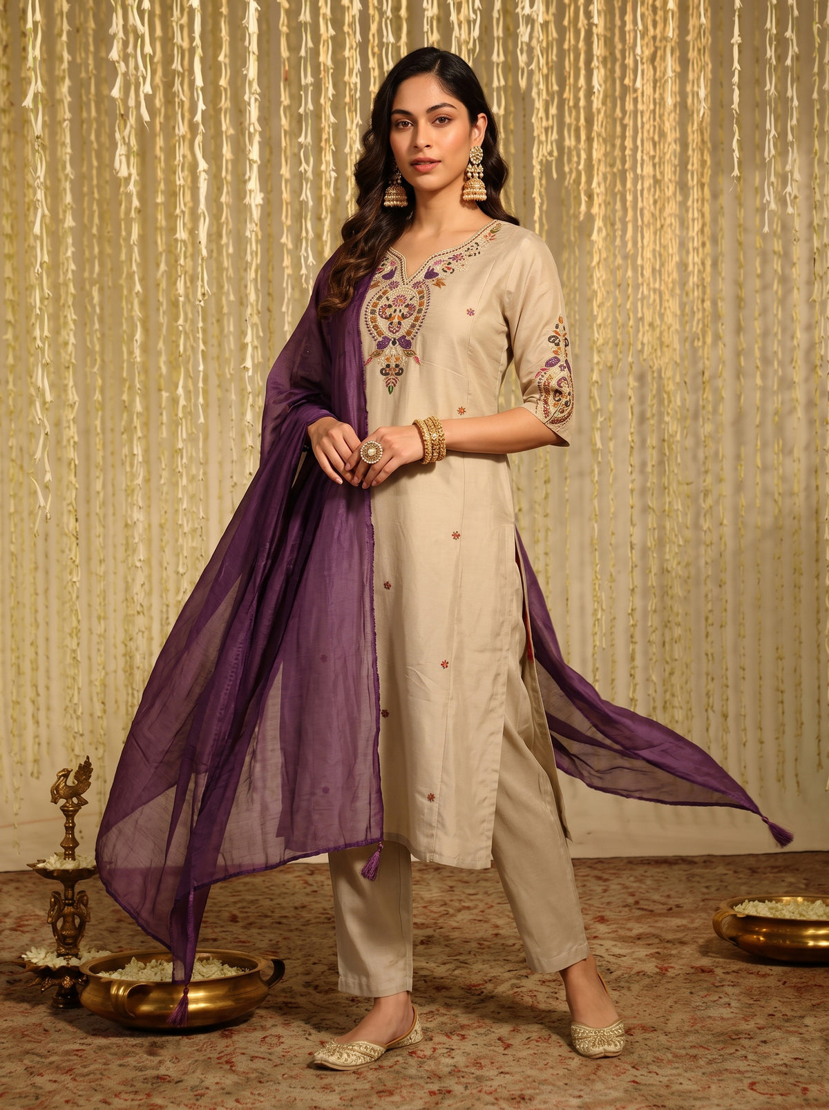 Kiyara Beige Embroidered Chanderi Suit Set