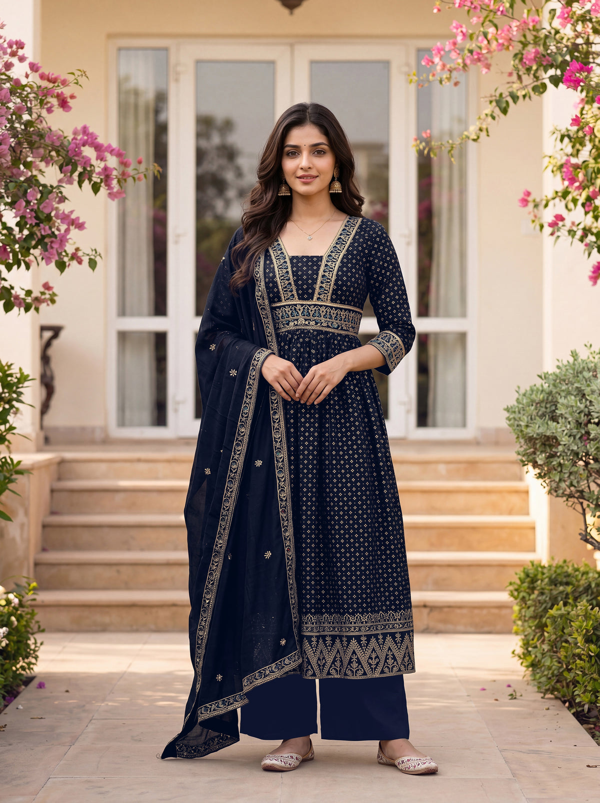 Midnight Navy Blue Embroidered Anarkali Suit Set