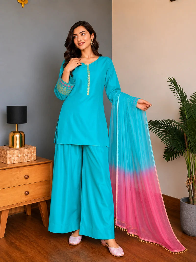 Amani Sky Blue Embroidered Suit Set