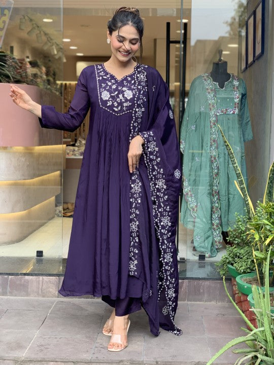 Demure Pure Chinon Embroidary Work Suit Set