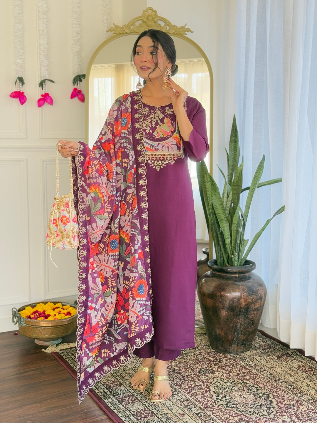 Most Beautiful Trending Wine Viscose Chanderi With Embroidary Suit Set