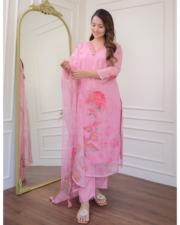 Most Beautiful Premium Organza (Taby) Suit set With Printed Dupatta