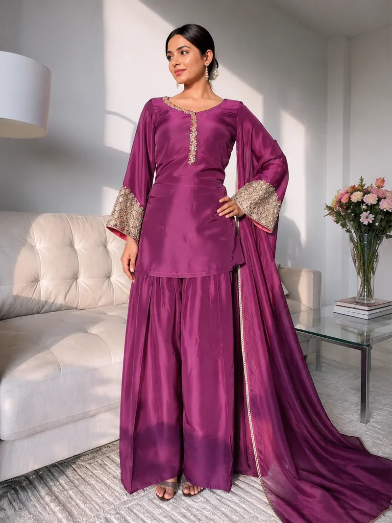 Amani Wine Embroidered Suit Set