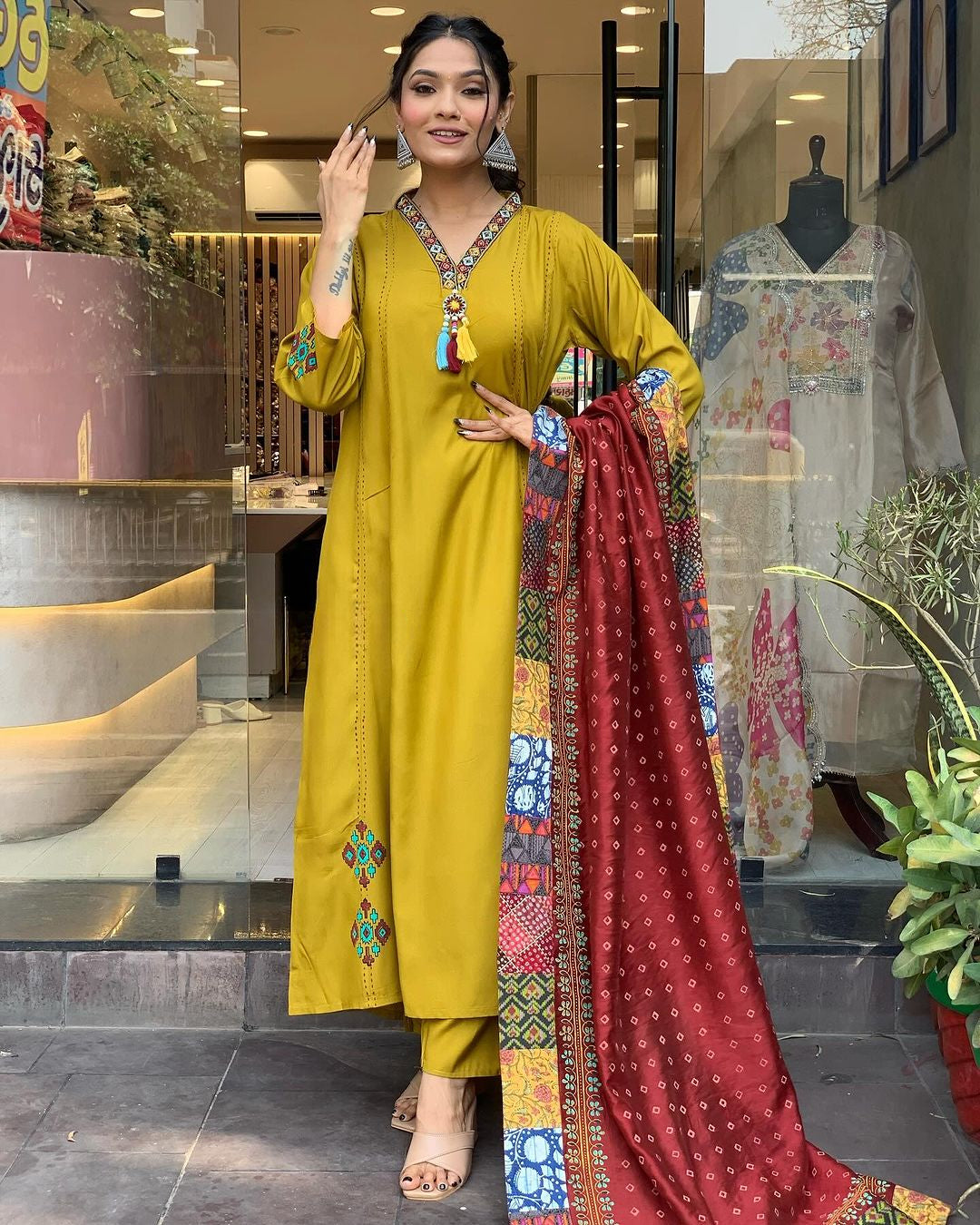 Tremendous Yellow Beautiful Viscose Chanderi Suit Set