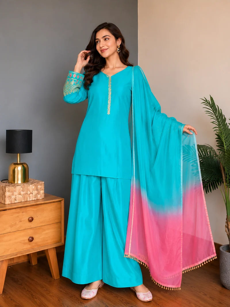 Amani Sky Blue Embroidered Suit Set