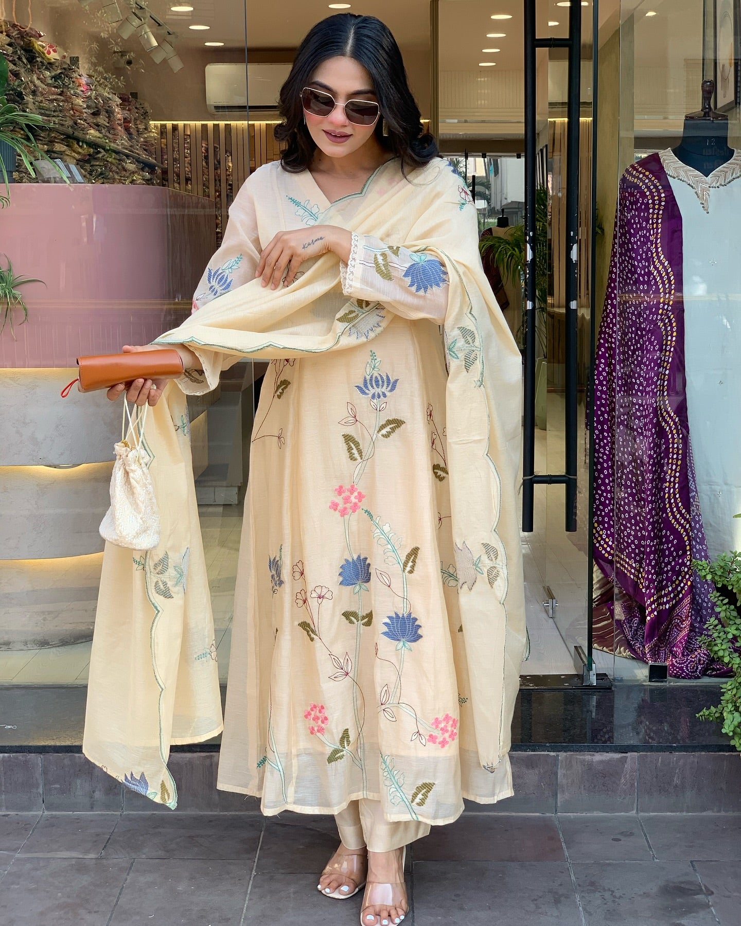 Delightful Viscose Chanderi Embroidery Suit Set