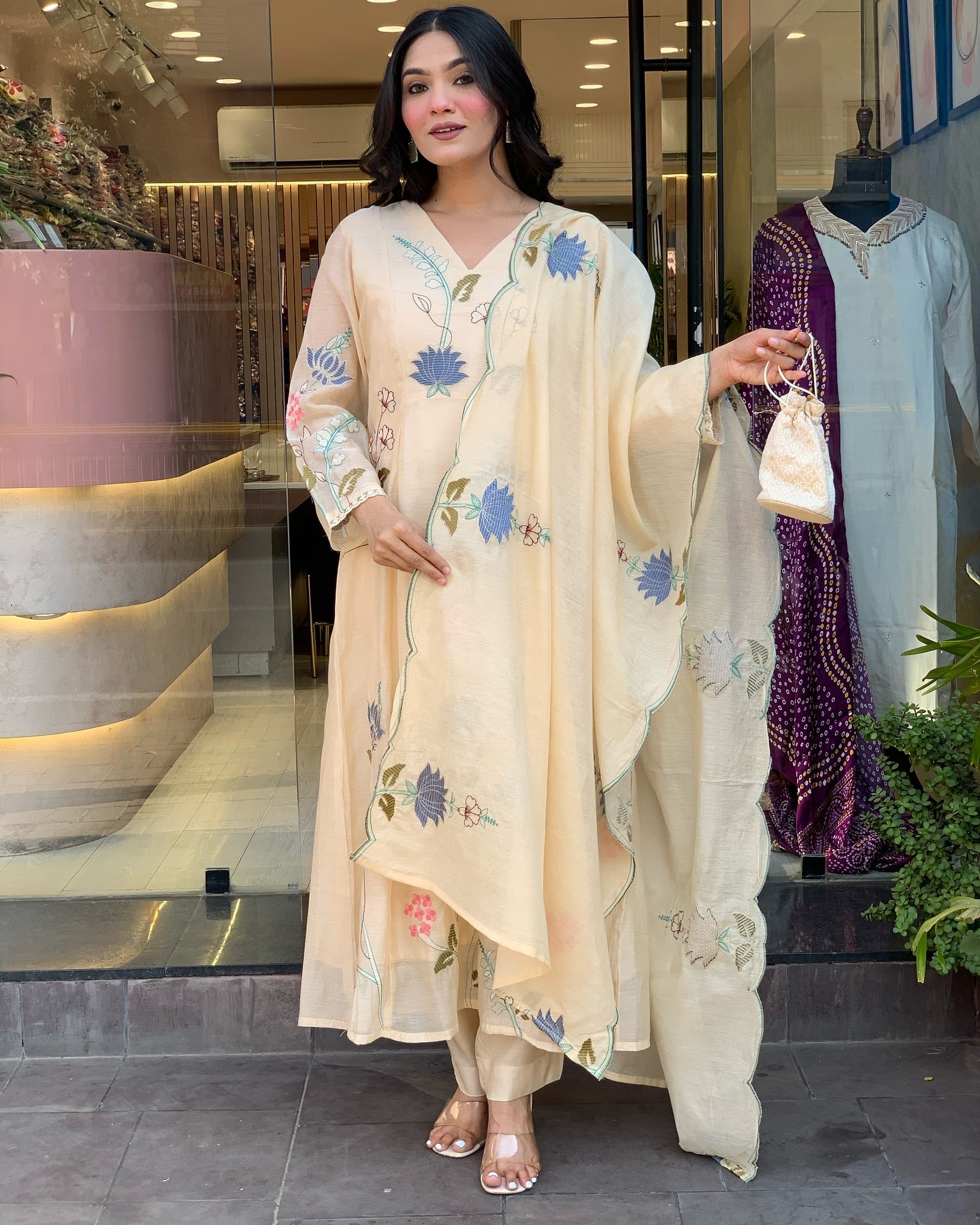 Delightful Viscose Chanderi Embroidery Suit Set