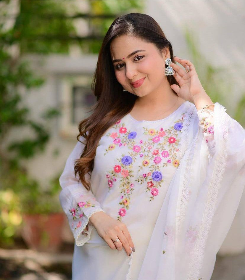 Quintessential White Beautiful Georgette Embroidary Work Suit Set