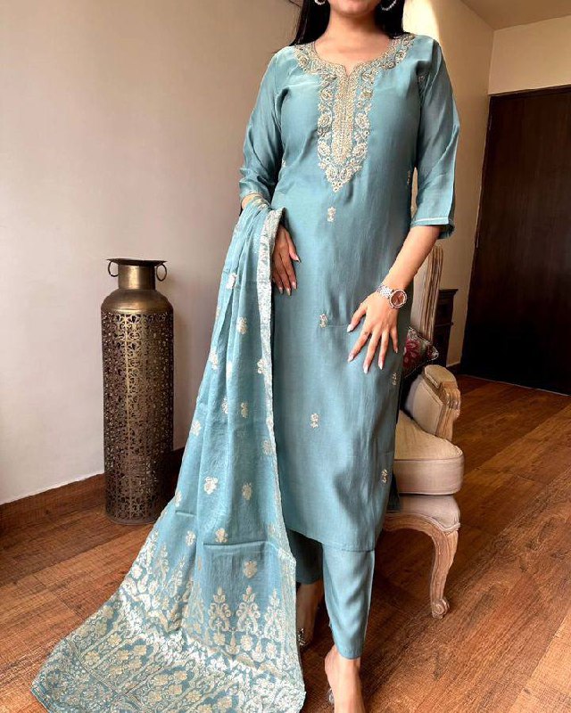 Invaluable LIght Sky Viscose Chanderi Suit Set
