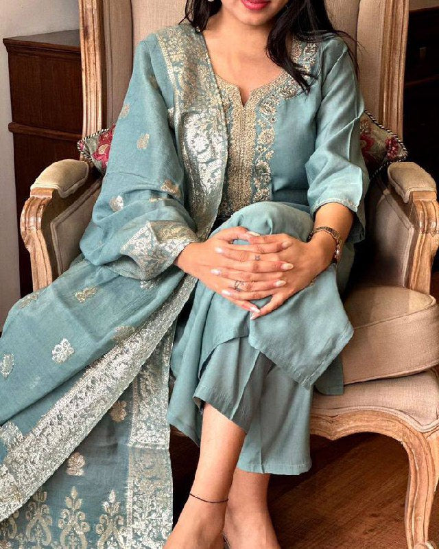 Invaluable LIght Sky Viscose Chanderi Suit Set
