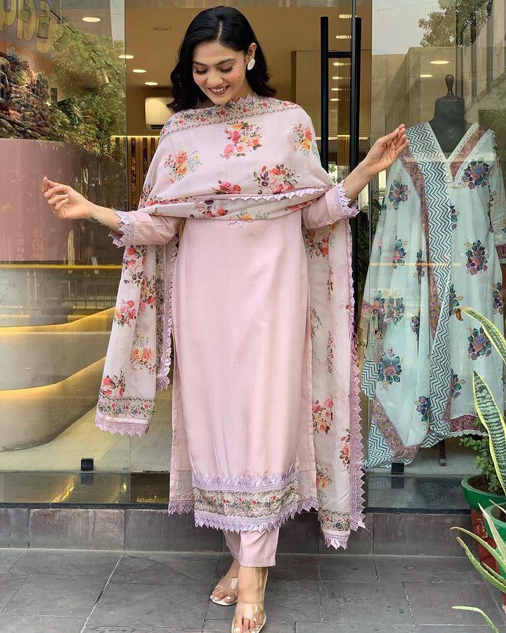 Extraordinary Pure Viscose Chanderi With Embroidary Work Suit Set