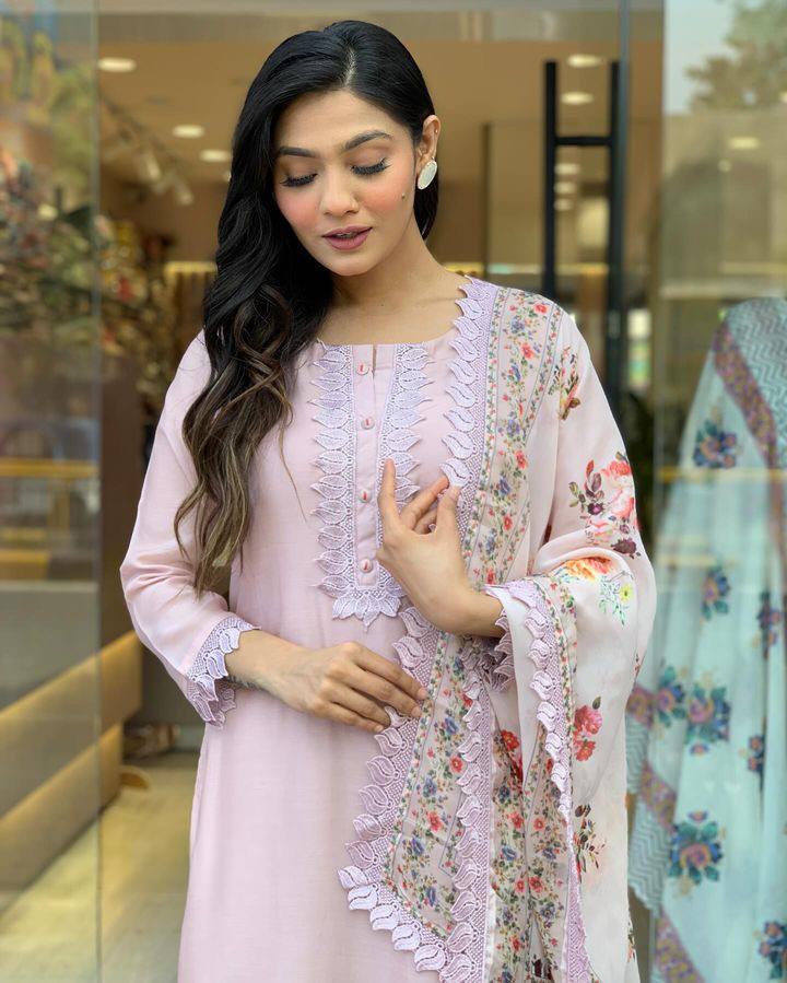 Extraordinary Pure Viscose Chanderi With Embroidary Work Suit Set