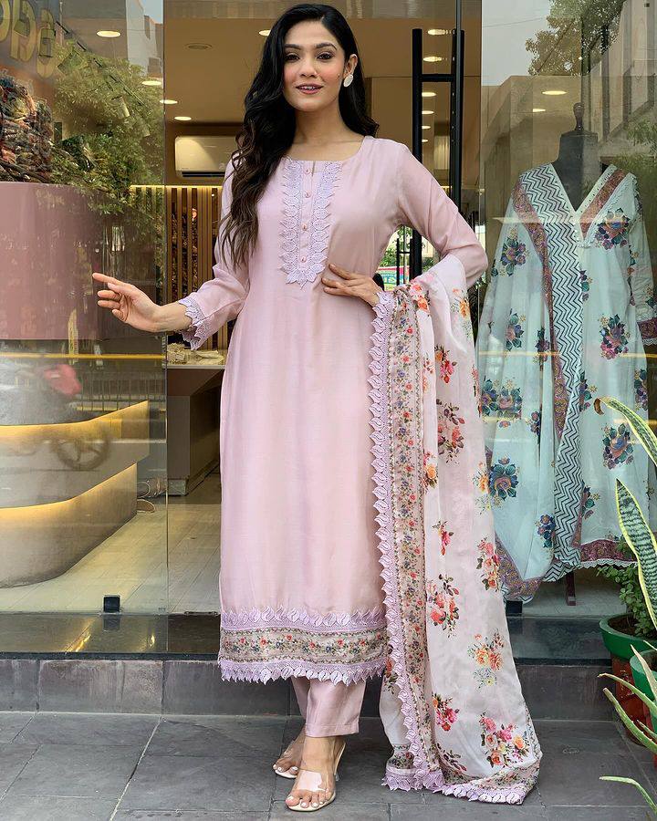 Extraordinary Pure Viscose Chanderi With Embroidary Work Suit Set