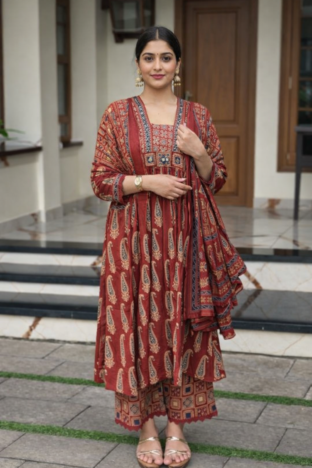 Very Graceful Pure Mul Cotton ajarakh A-Line Suit Set