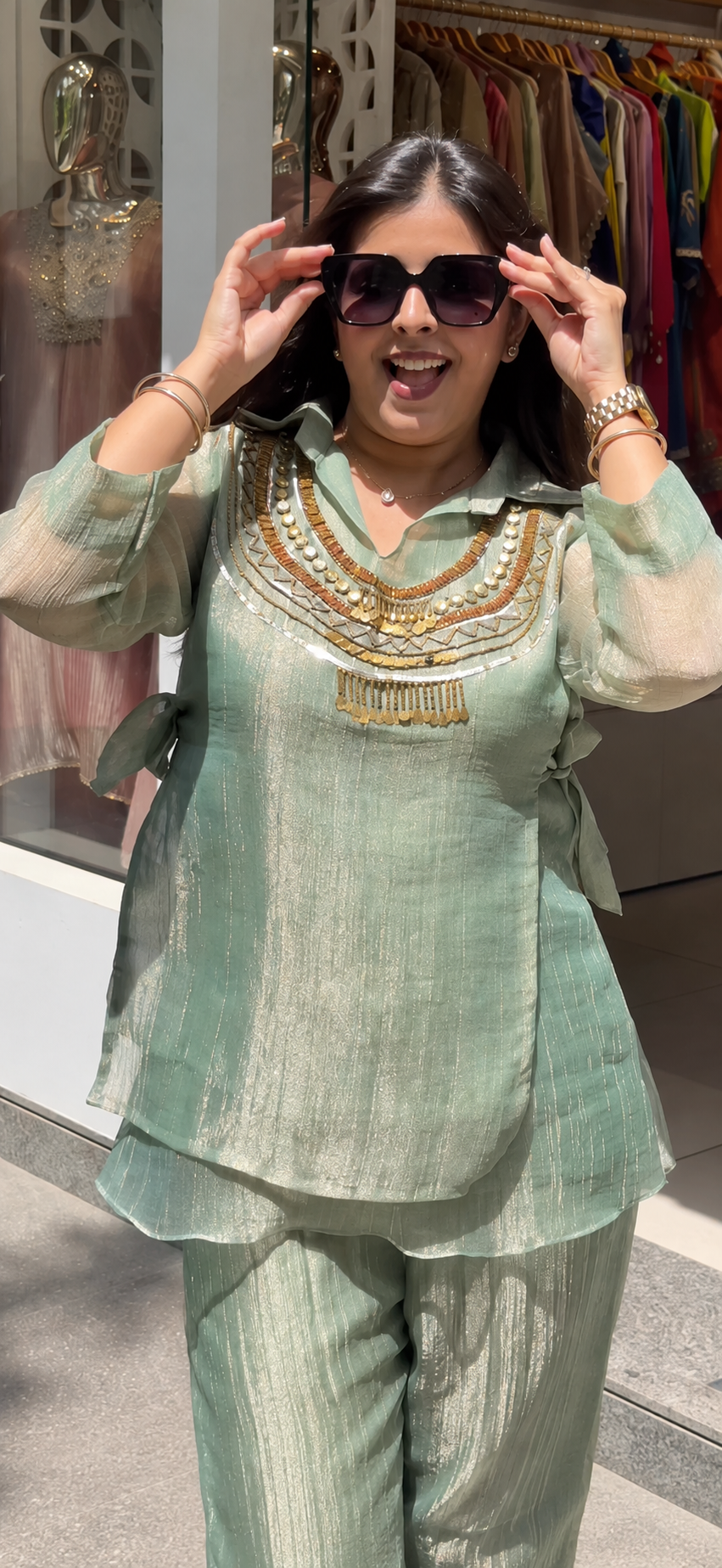 Pearl Sage Green Handwork Co-Ord Set For Festival
