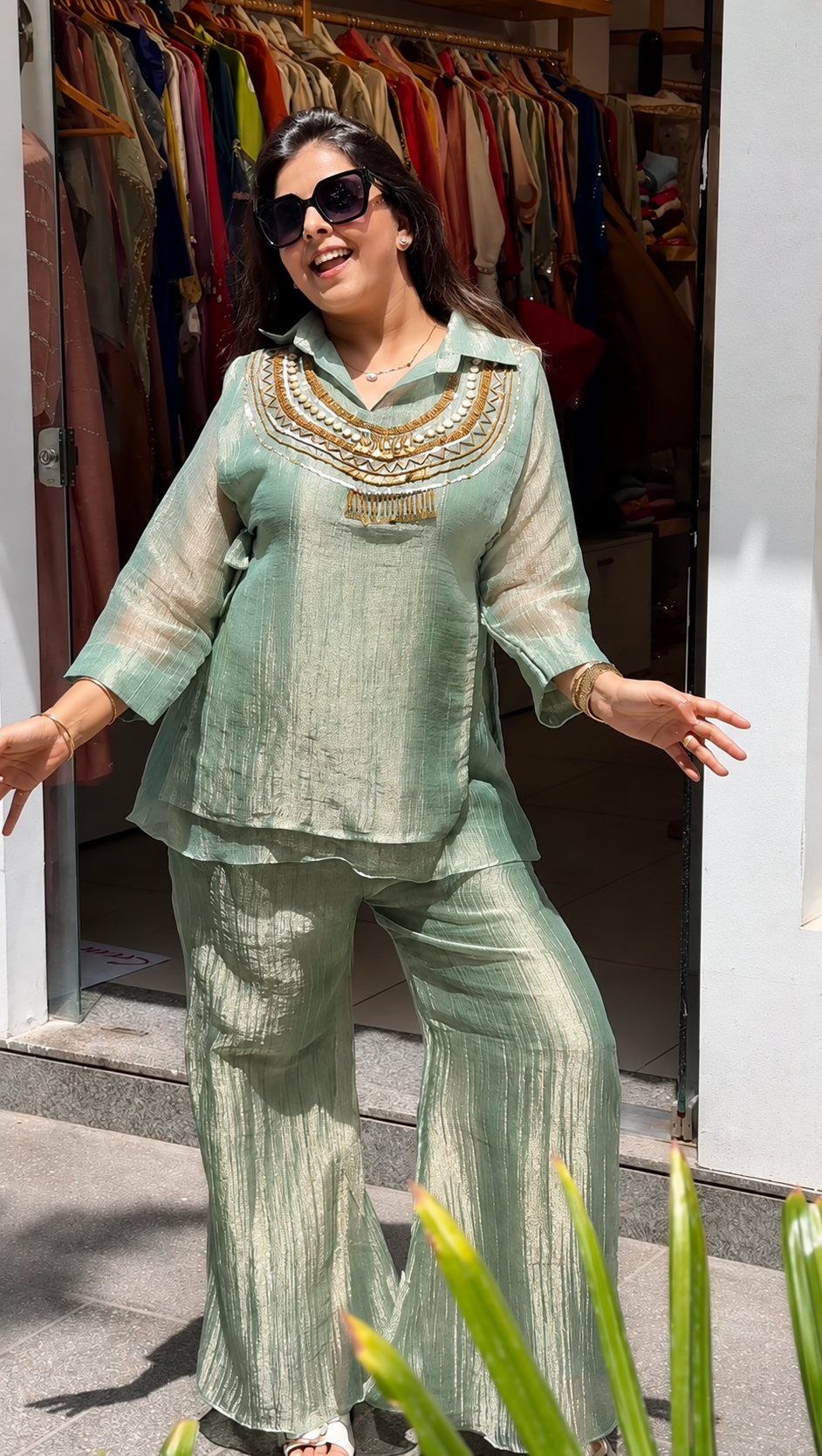 Pearl Sage Green Handwork Co-Ord Set For Festival