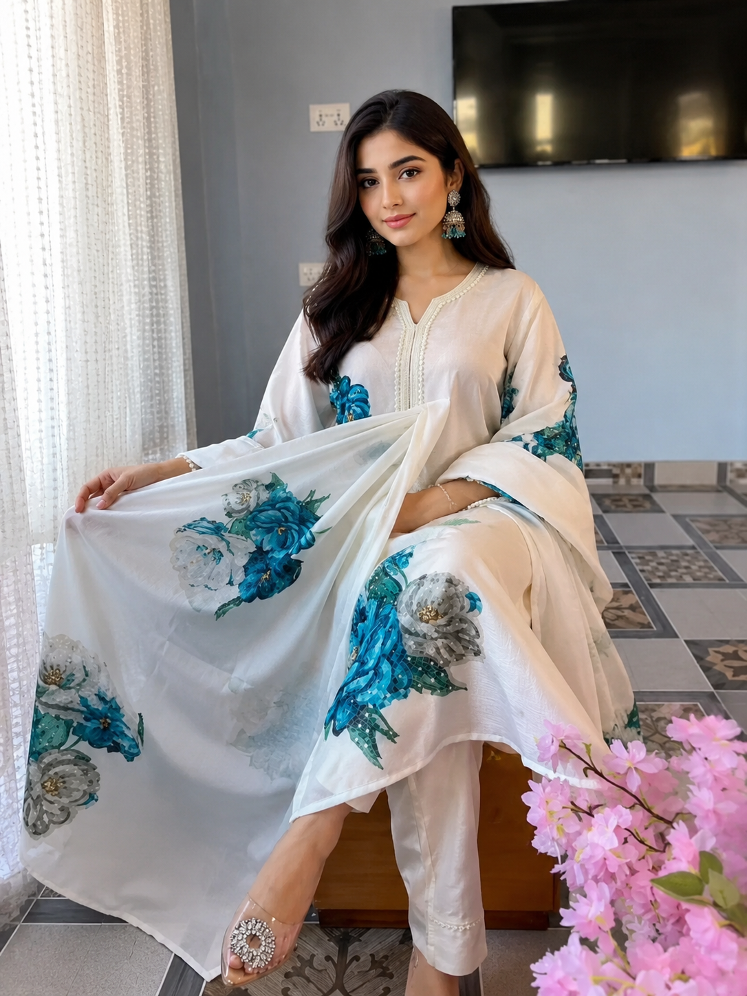 Good-Looking Linen Cotton Flower Print Suit Set