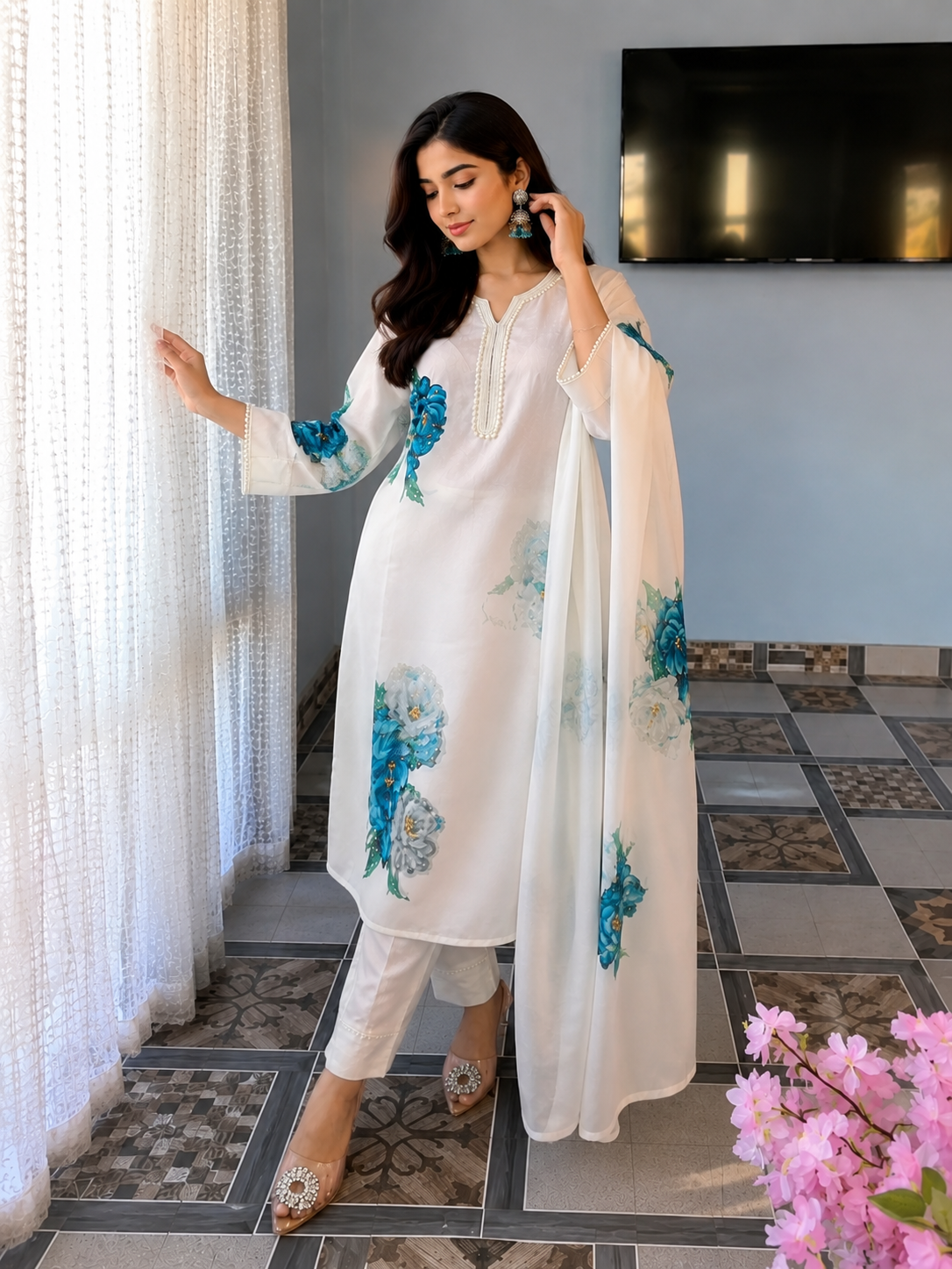 Good-Looking Linen Cotton Flower Print Suit Set