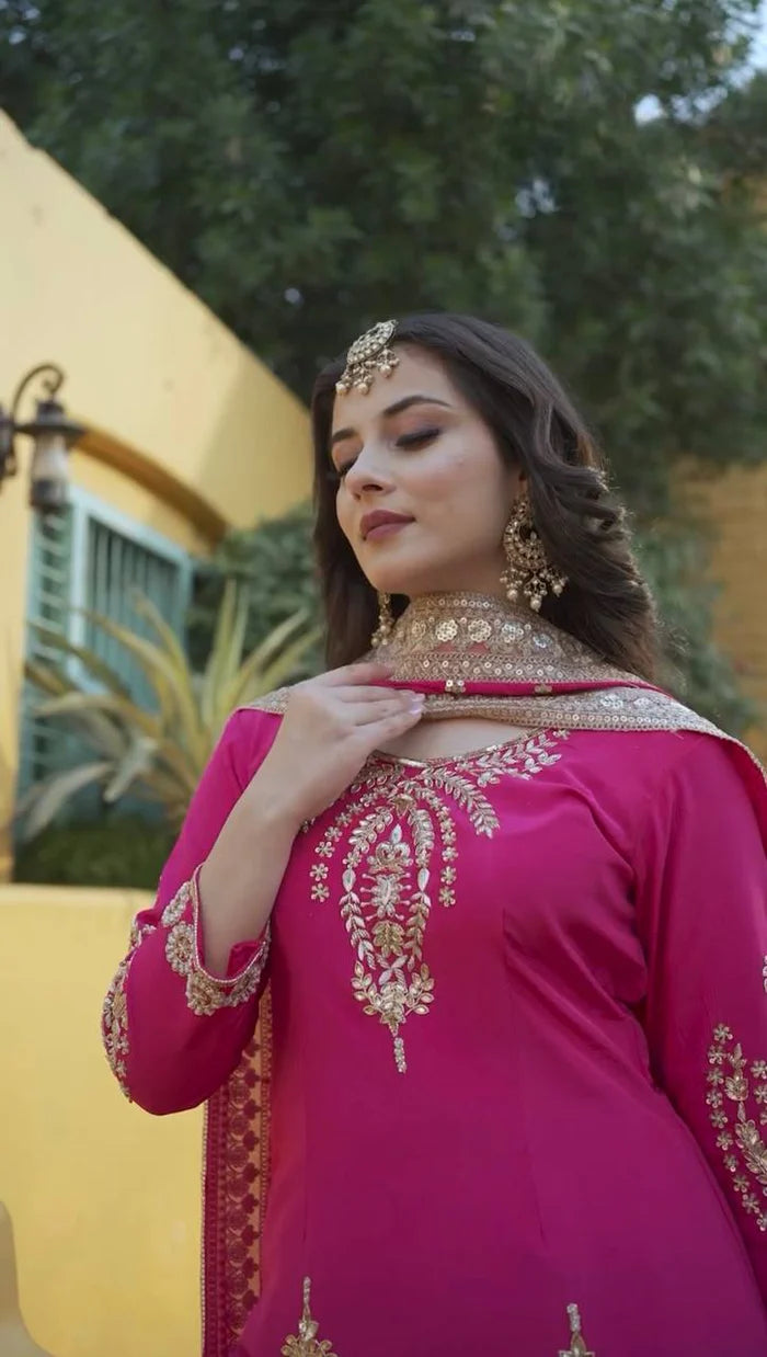 Stunning Embroidered Chinon Silk Kurti Sharara Set