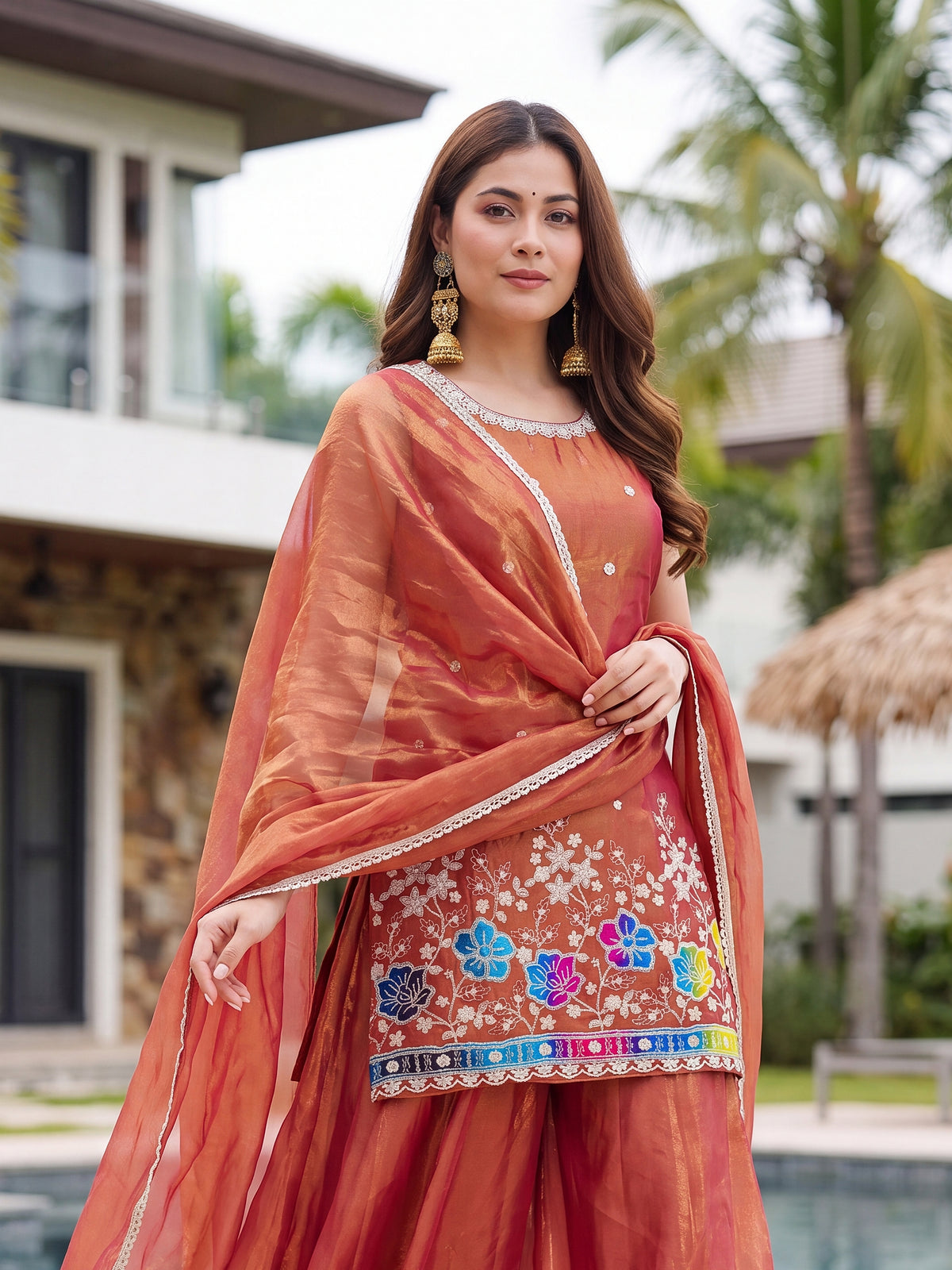 Vespera Rust Orange Floral Embroidered Sleeveless Sharara Set