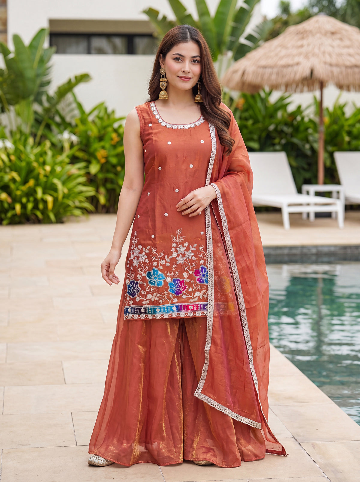 Vespera Rust Orange Floral Embroidered Sleeveless Sharara Set