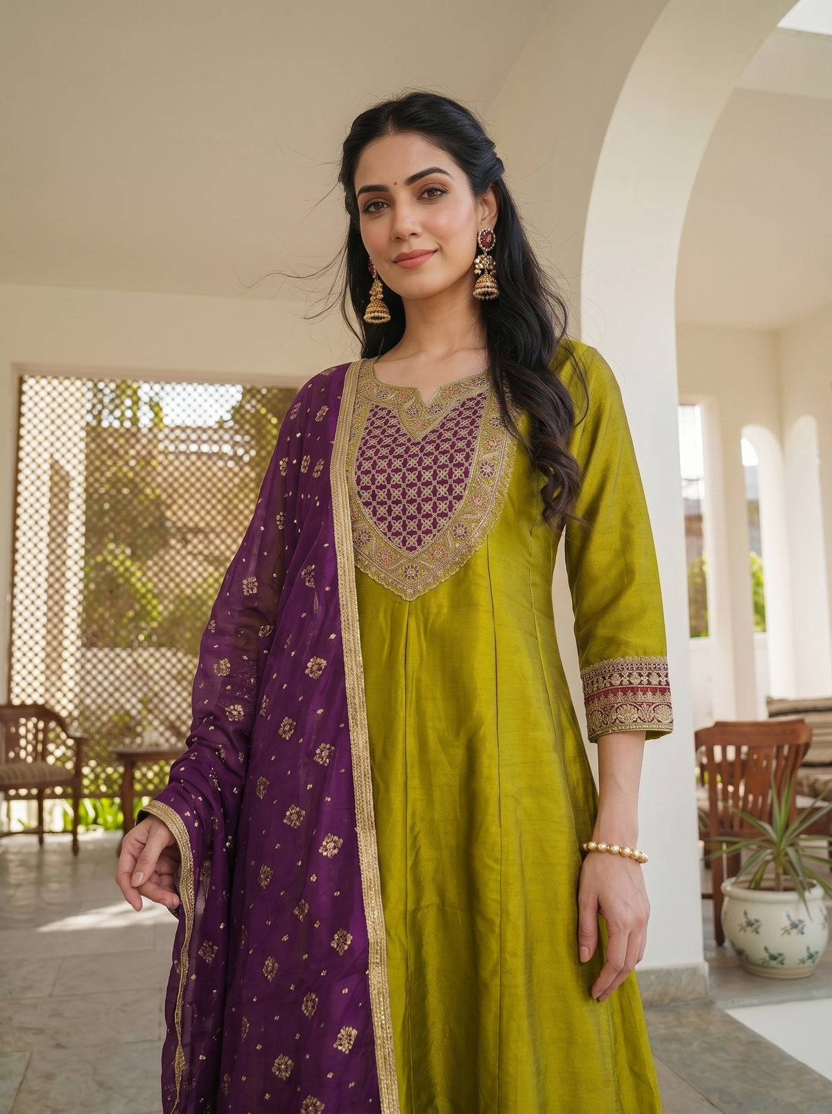 Meera Mustard Green Embroidered Suit Set