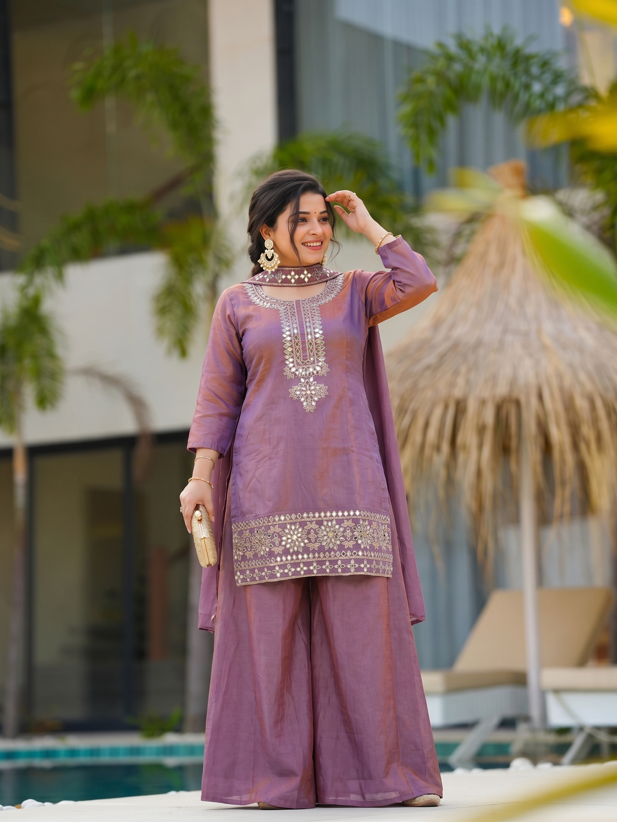 Tara Lavender Mirror Work Sharara Set