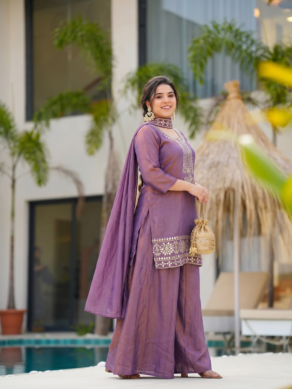 Tara Lavender Mirror Work Sharara Set