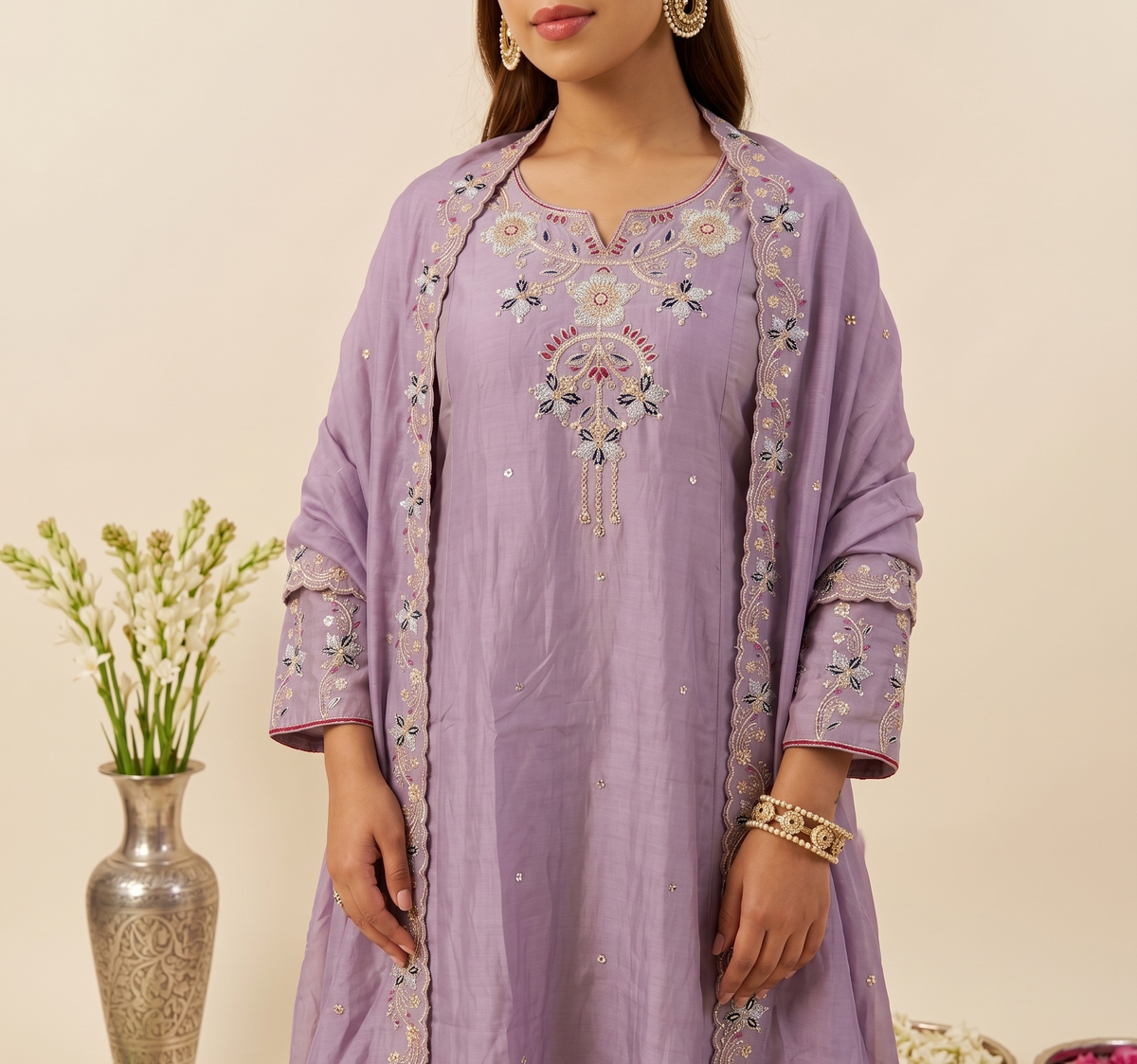 Lavanya Soft Lavender Thread Embroidered Anarkali Suit Set