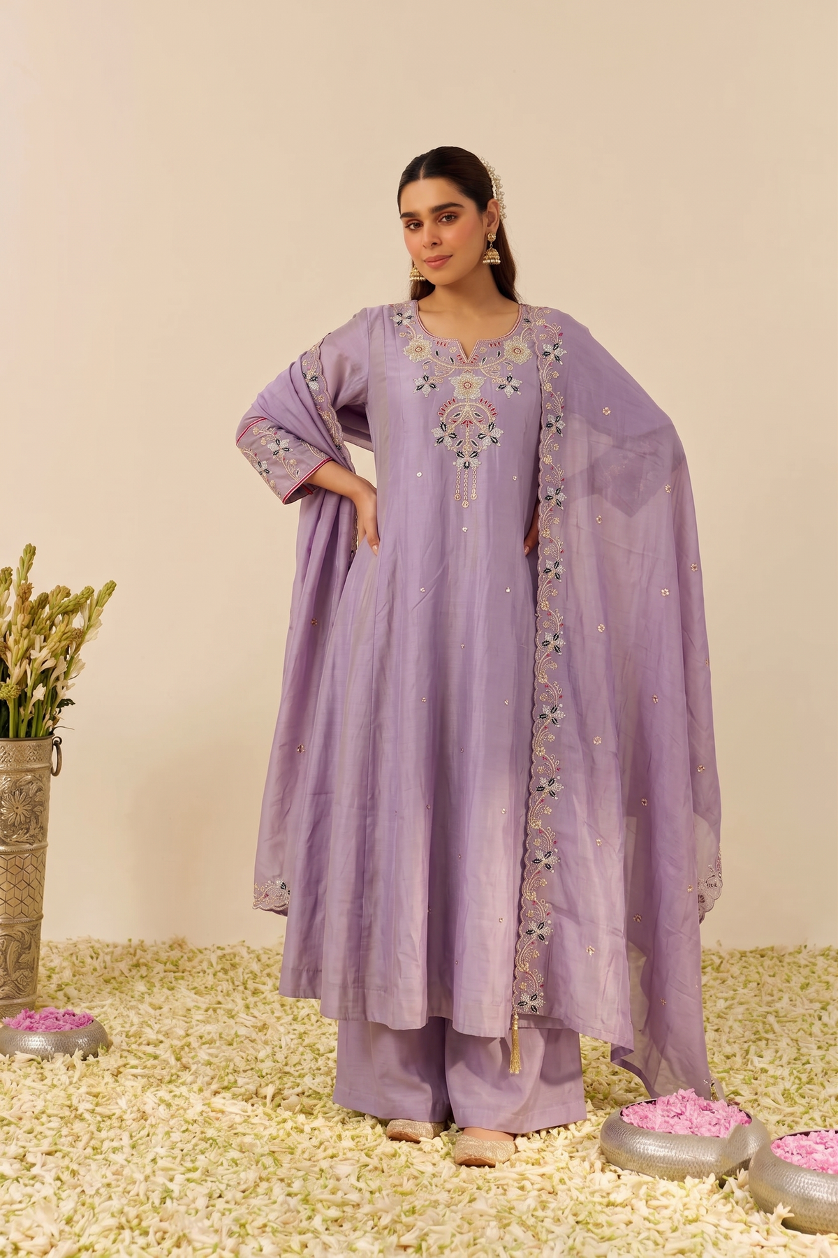 Lavanya Soft Lavender Thread Embroidered Anarkali Suit Set