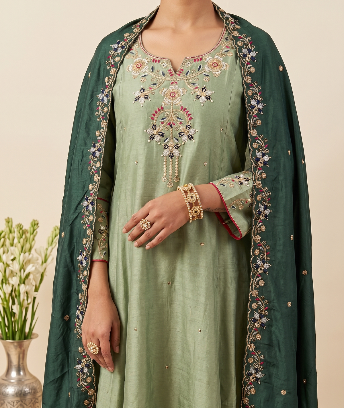 Lavanya Soft Parrot Thread Embroidered Anarkali Suit Set