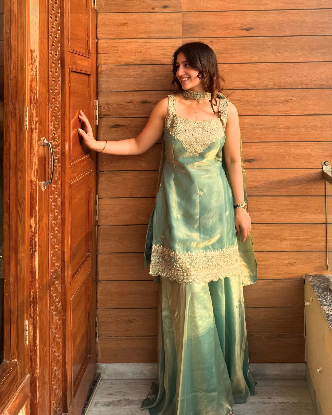 Sea Green Heavy Embroidered Sleeveless Sharara Set