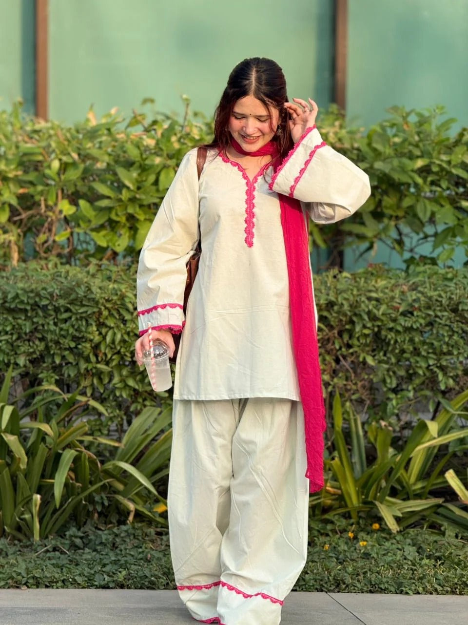 Noor Off White & Magenta Lace-Trimmed Salwar Suit Set