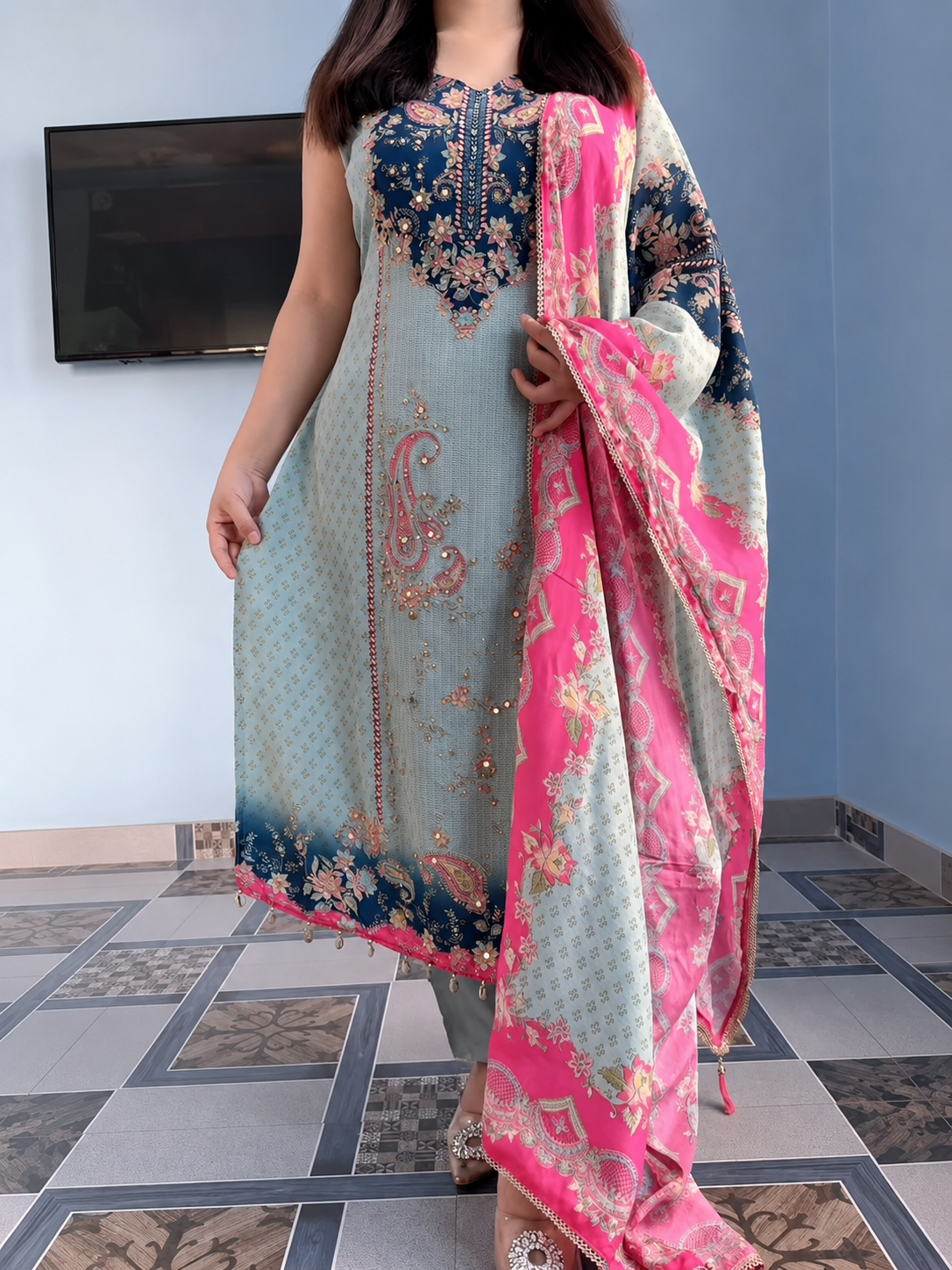 Celestine Bloom Heritage Mirror Work Suit Set