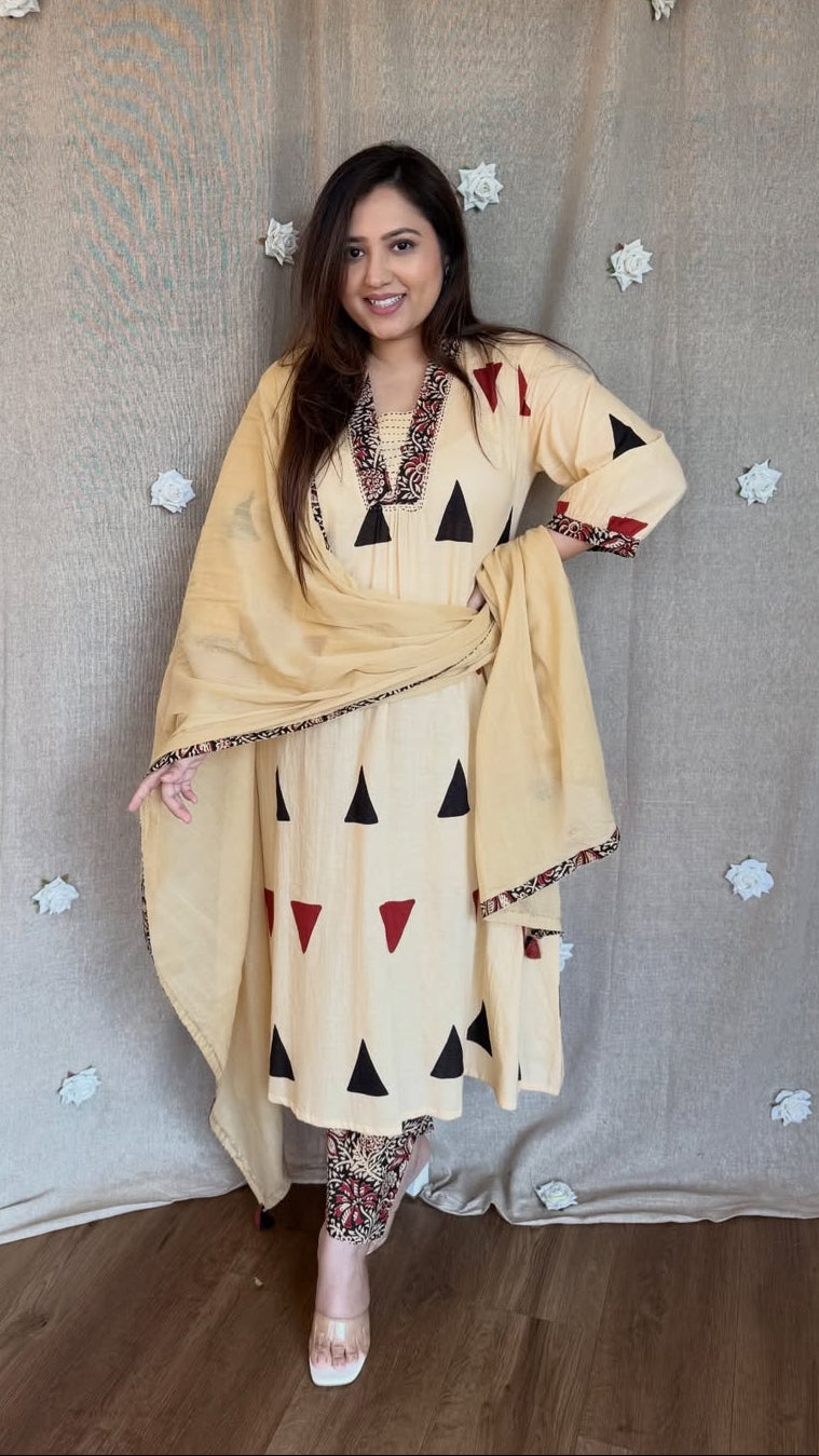 Pure Cotton Kalamkari A-line Plazo Dupatta Set