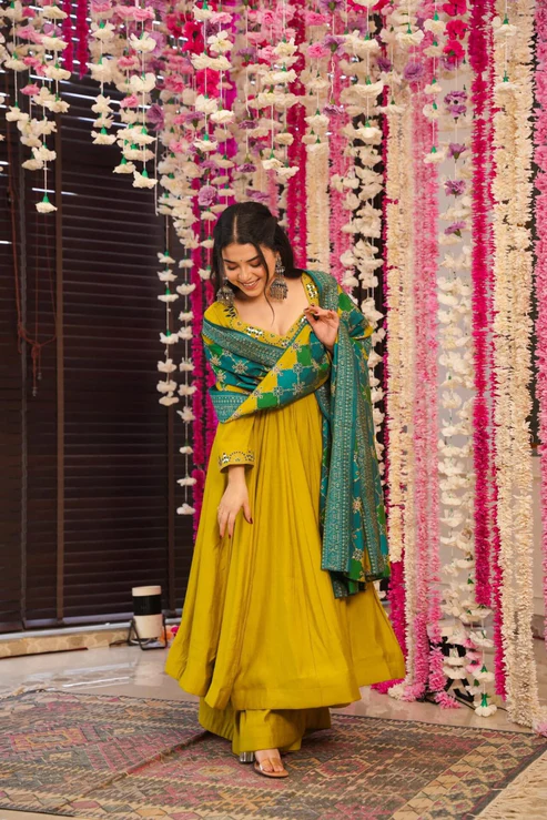 Veda Olive Yellow Embroidered Anarkali Suit Set