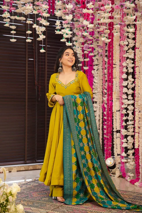 Veda Olive Yellow Embroidered Anarkali Suit Set