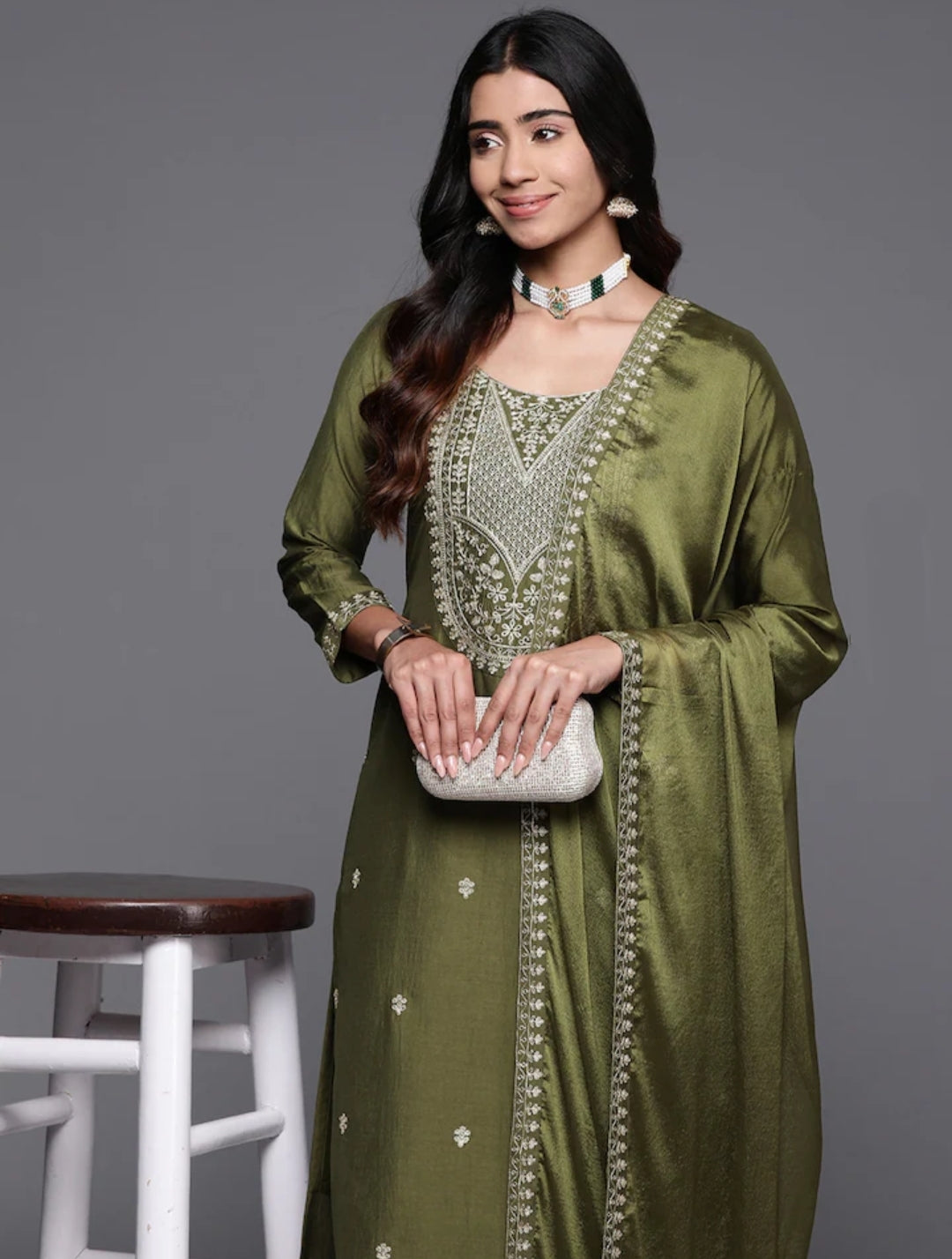 Dazzling Mahendi Beautiful Viscose Chanderi Suit Set
