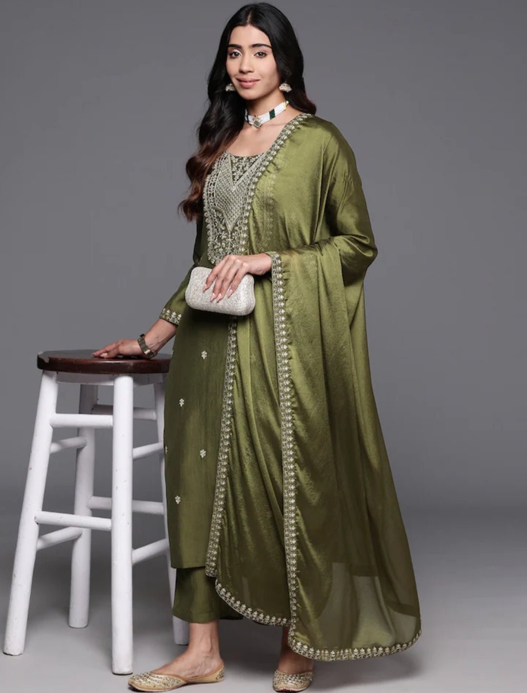 Dazzling Mahendi Beautiful Viscose Chanderi Suit Set