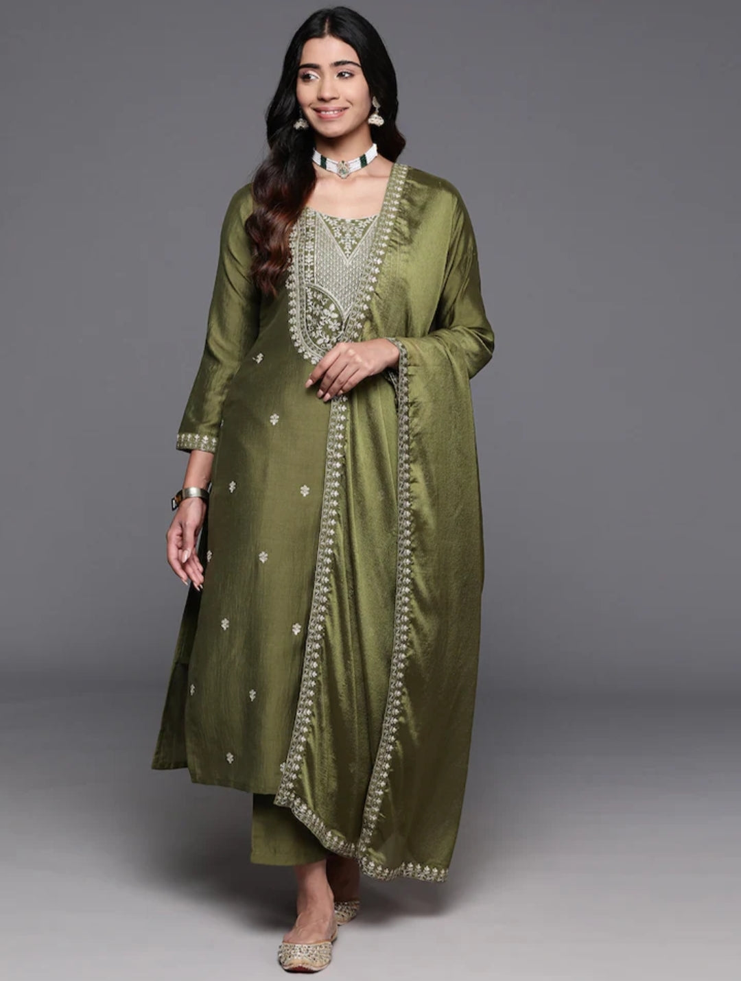 Dazzling Mahendi Beautiful Viscose Chanderi Suit Set