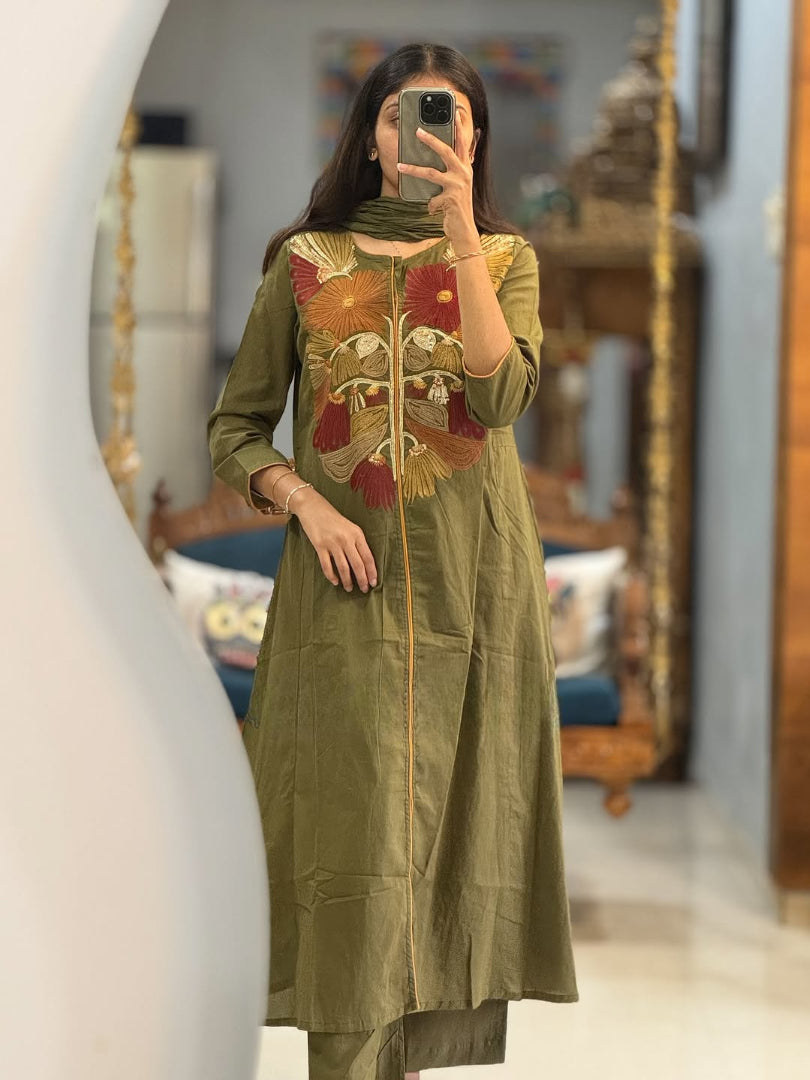 Premium Blue Floral Embroidered Kurta Set with Dupatta