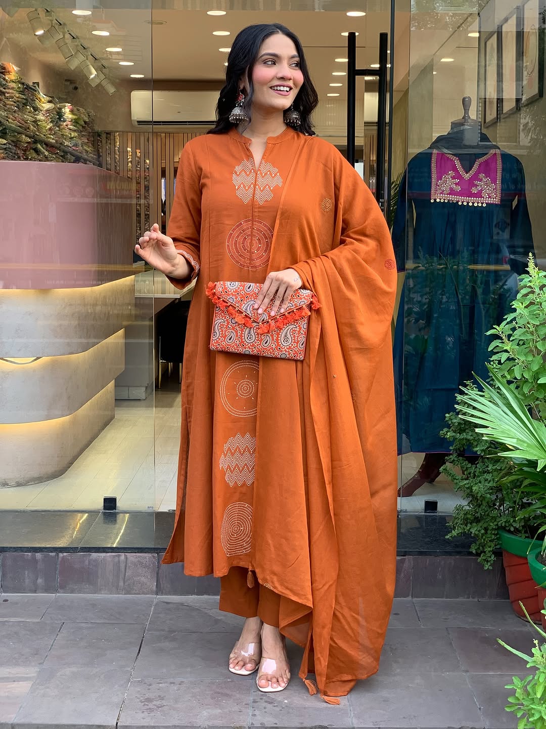 Rust Orange Premium Mul Cotton Embroidered Kurta Set with Dupatta