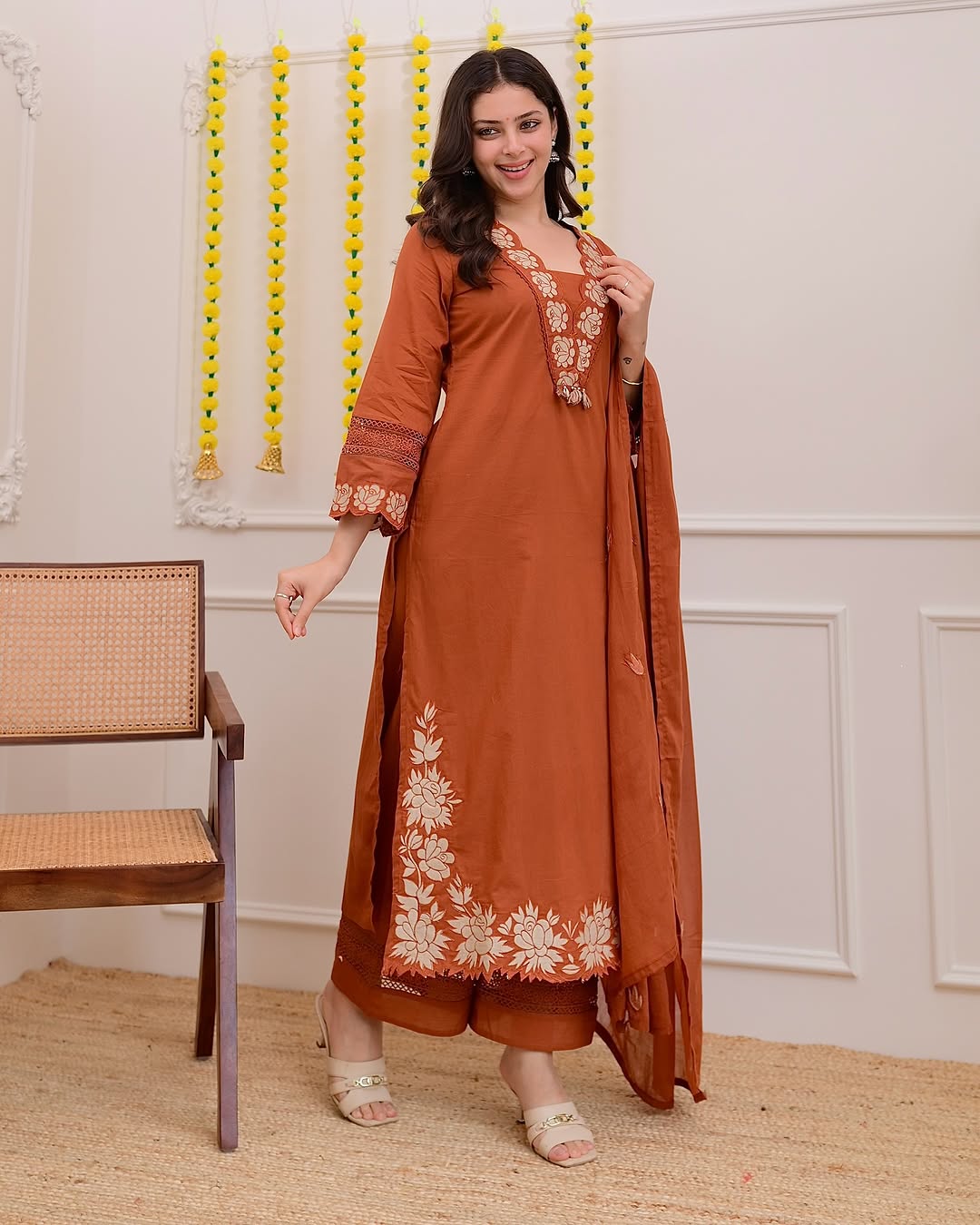 Delightful Rust Orange Mul Cotton Embroidery Suit Set
