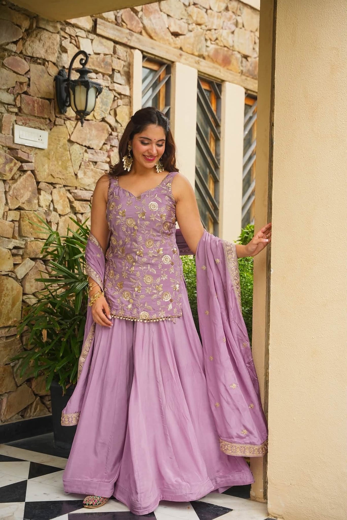 Tara Peach Heavy Floral Embroidered Suit Set