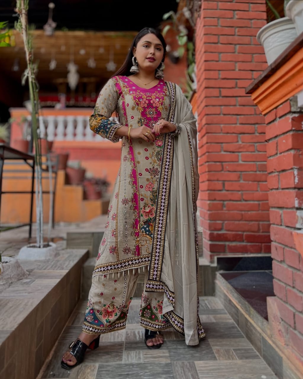 Most Charming Pure Muslin Cotton Suit Set With Plazo