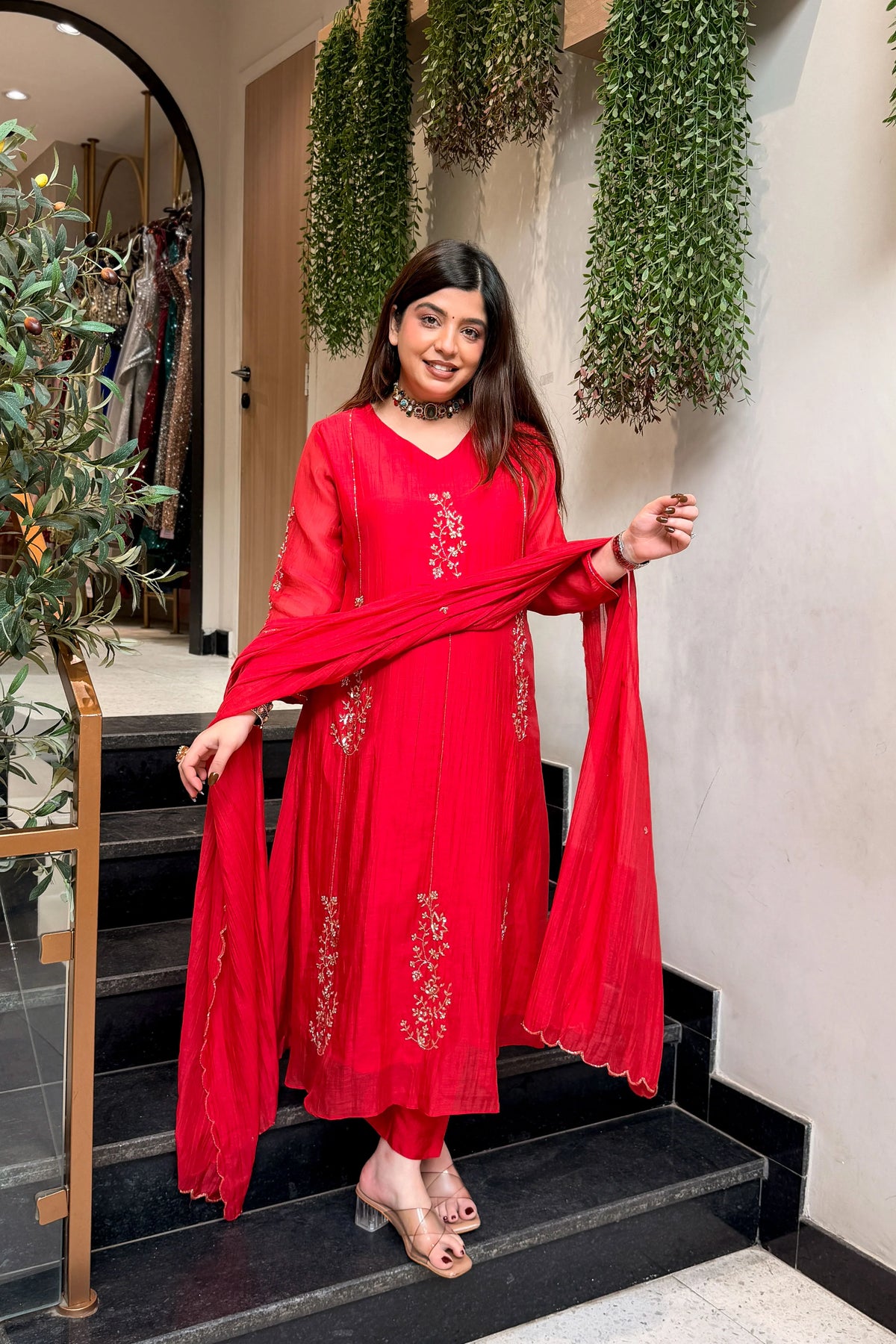 Elegant Ruby Red Embroidered Kurta Set with Dupatta