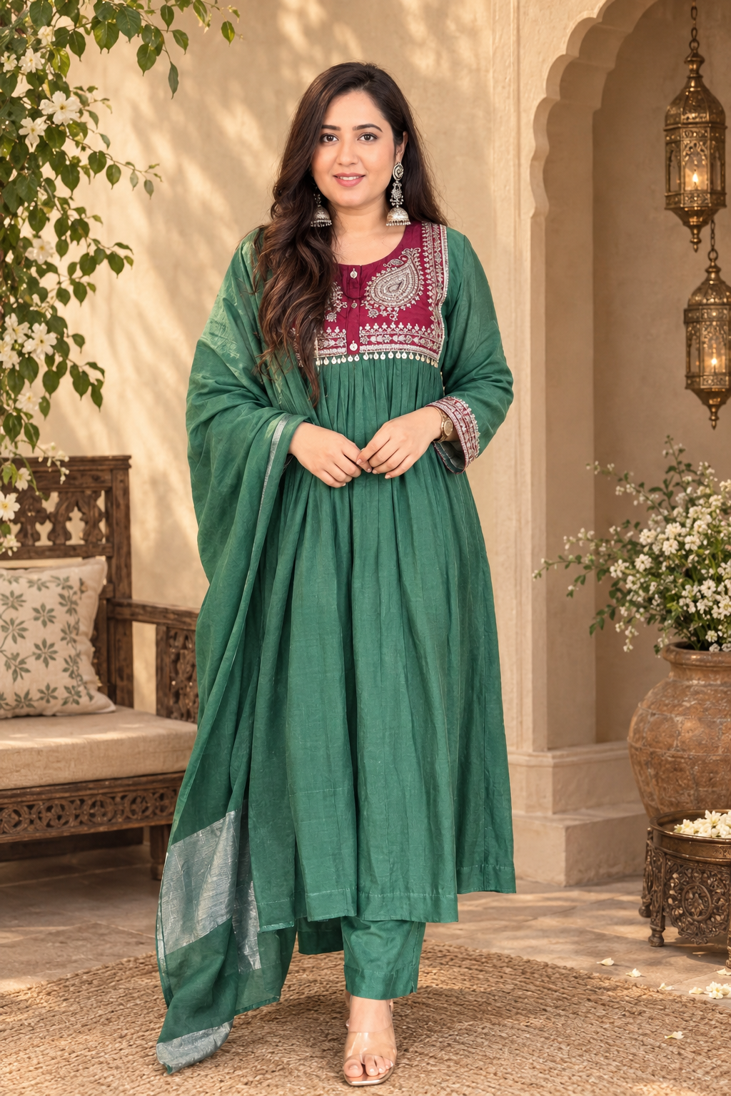 Elegant Emerald Green Anarkali Suit Set