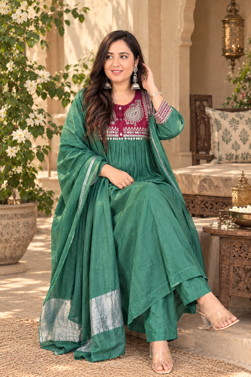 Elegant Emerald Green Anarkali Suit Set
