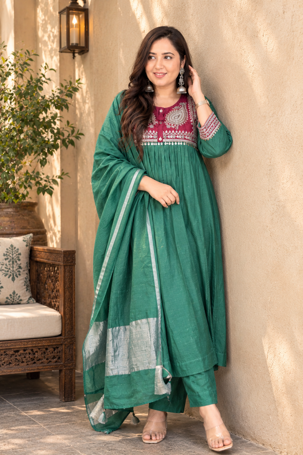 Elegant Emerald Green Anarkali Suit Set